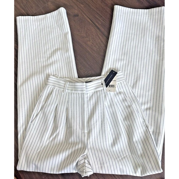 FRENCH CONNECTION Women's Whisper Pinstripe Pleated Wide Leg Pants White Navy 2 - Picture 12 of 16